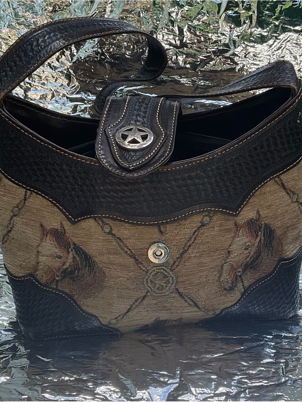 American West Brown and Black Horse Tapestry Shoulder Bag